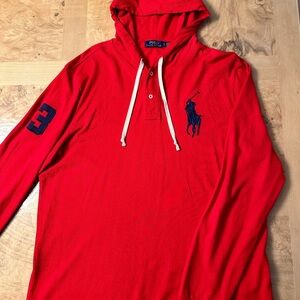 Men’s Polo Ralph Lauren pique shirt with drawstring hood.